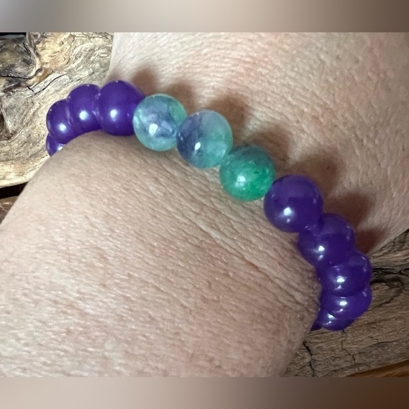 New Green Fluorite & Amethyst Bracelet Natural Stone Beaded Stretchy (8mm) - Picture 4 of 4